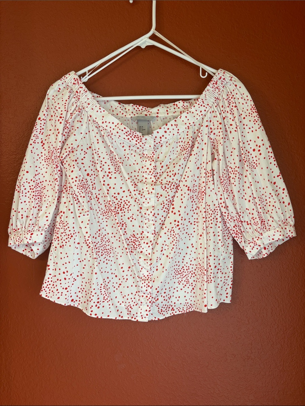 H&M White Button-Front Off-Shoulder Top with Red Dot Print